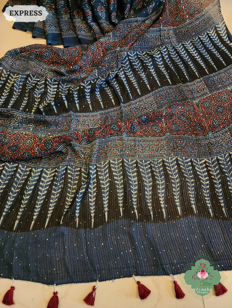 Zynah Indigo Hand-Block Printed Georgette Silk Ajrakh Saree with Sequins Highlight; Custom Stitched/Ready-made Blouse, Fall, Petticoat; SKU: 1004202510