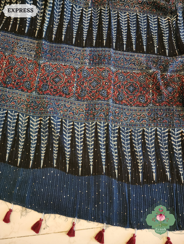 Zynah Indigo Hand-Block Printed Georgette Silk Ajrakh Saree with Sequins Highlight; Custom Stitched/Ready-made Blouse, Fall, Petticoat; SKU: 1004202510