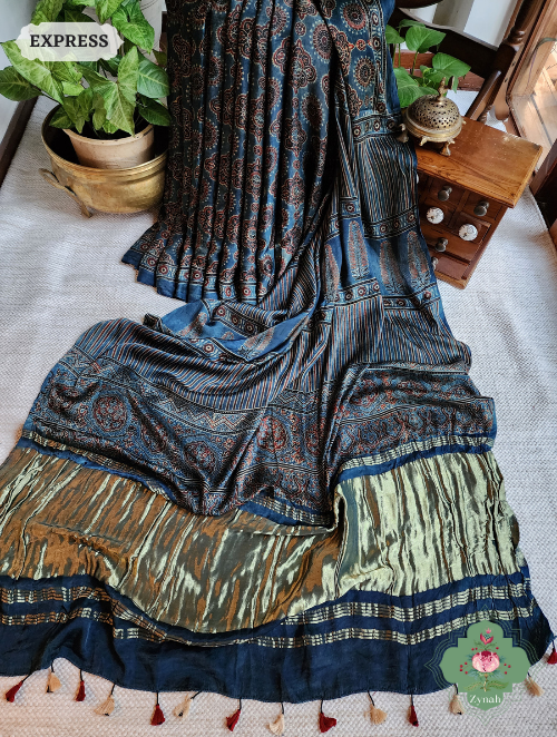 Indigo Ajrakh Modal Silk Saree With Lagdi Patta On Pallu, Crafted Using The Traditional Method Of Hand Block Printing Using 100% Natural Dyes