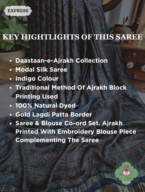Indigo Ajrakh Modal Silk Saree With Lagdi Patta On Pallu, Crafted Using The Traditional Method Of Hand Block Printing Using 100% Natural Dyes