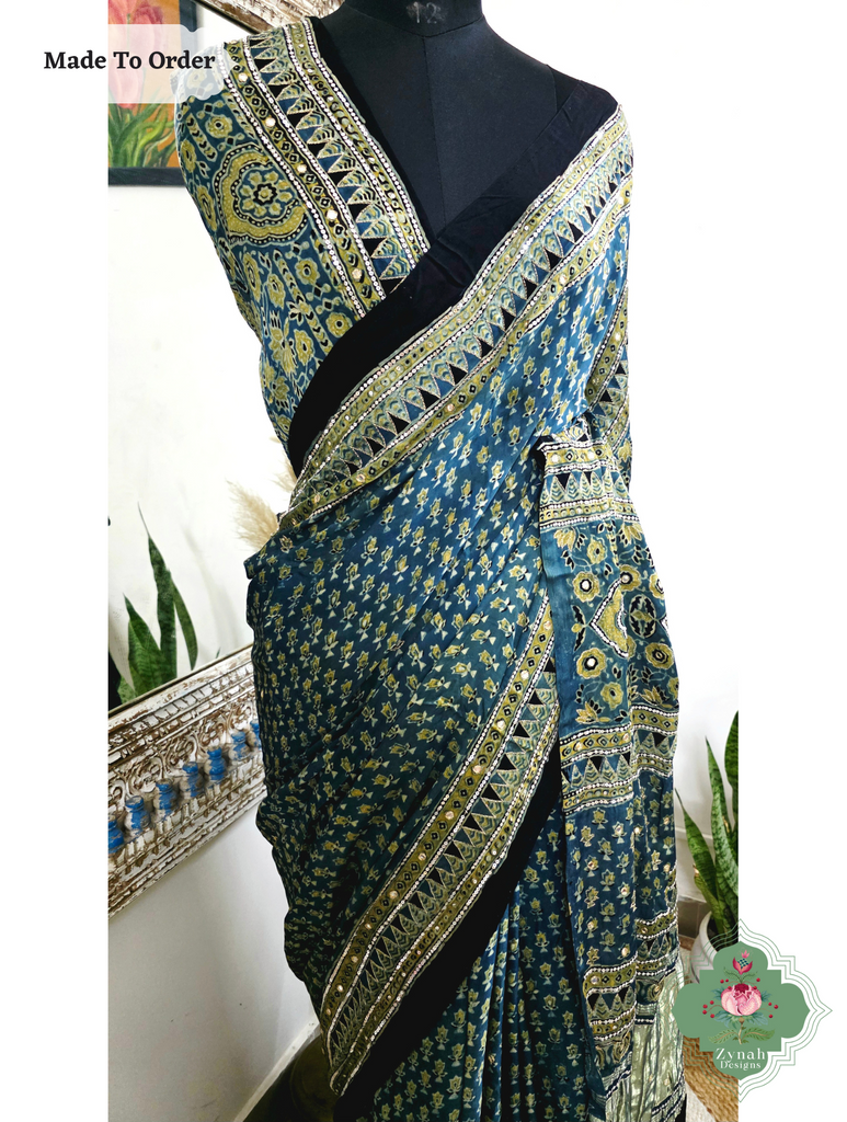 Zynah Made To Order Indigo Ajrakh Modal Silk Saree With Lagdi Patta Pallu & Hand Embellishments; Custom Stitched/Ready-made Blouse, Fall, Petticoat; SKU:1909202508