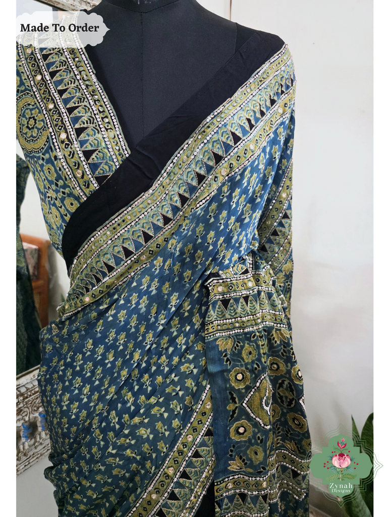 Zynah Made To Order Indigo Ajrakh Modal Silk Saree With Lagdi Patta Pallu & Hand Embellishments; Custom Stitched/Ready-made Blouse, Fall, Petticoat; SKU:1909202508