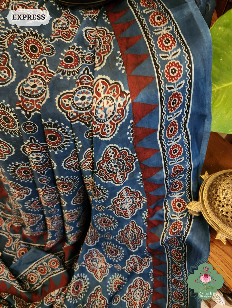 Indigo Modal Silk Saree Crafted Using The Traditional Method Of Hand Block Printing Using 100% Natural Dyes 3