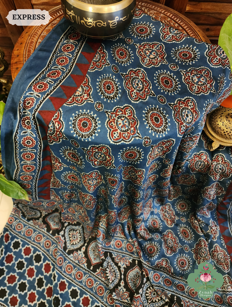 Indigo Modal Silk Saree Crafted Using The Traditional Method Of Hand Block Printing Using 100% Natural Dyes 4