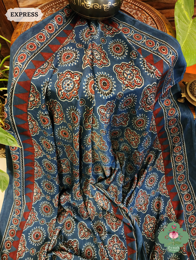 Indigo Modal Silk Saree Crafted Using The Traditional Method Of Hand Block Printing Using 100% Natural Dyes 5