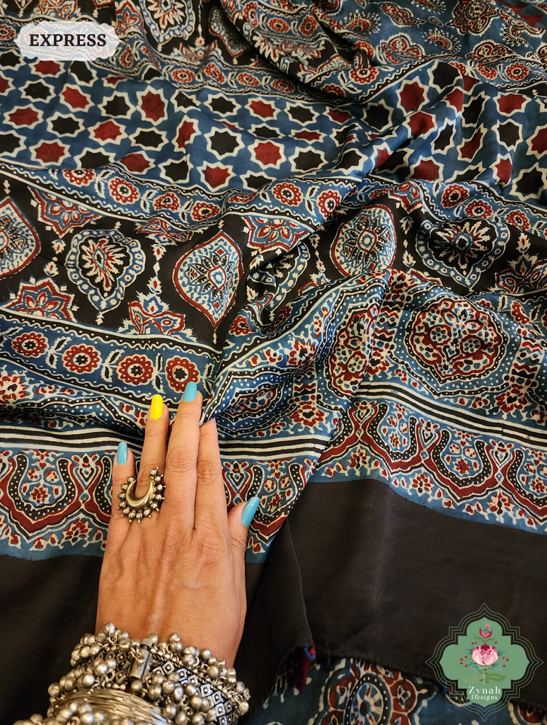 Indigo Modal Silk Saree Crafted Using The Traditional Method Of Hand Block Printing Using 100% Natural Dyes 6