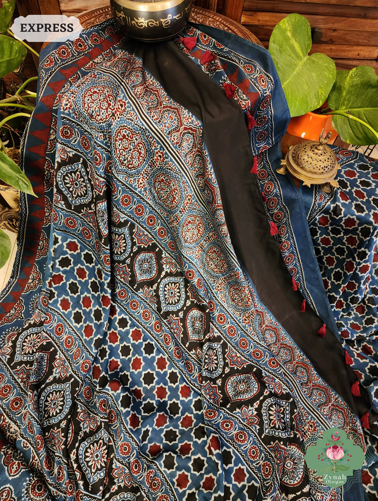 Indigo Modal Silk Saree Crafted Using The Traditional Method Of Hand Block Printing Using 100% Natural Dyes 7