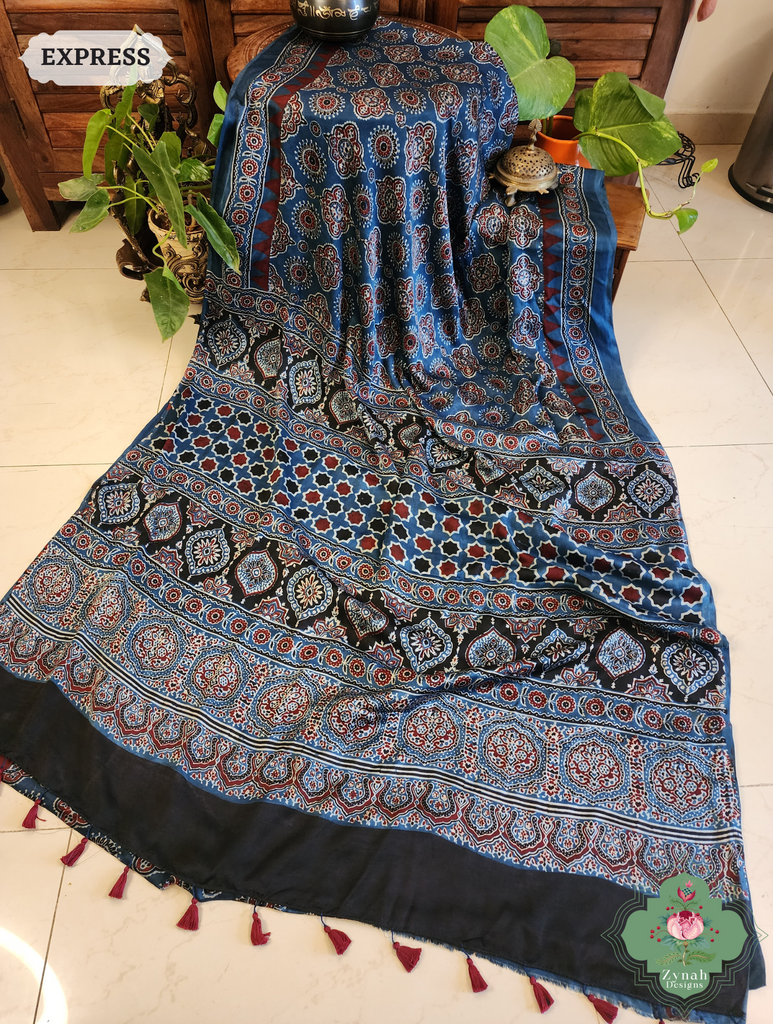 Indigo Modal Silk Saree Crafted Using The Traditional Method Of Hand Block Printing Using 100% Natural Dyes 8
