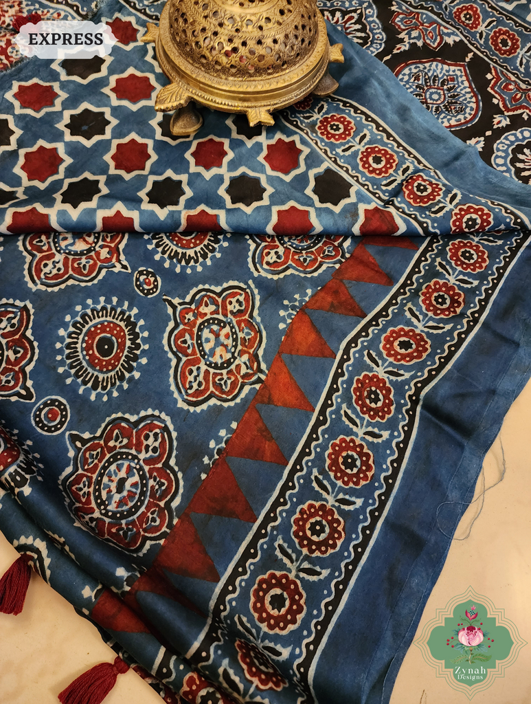 Indigo Modal Silk Saree Crafted Using The Traditional Method Of Hand Block Printing Using 100% Natural Dyes 9