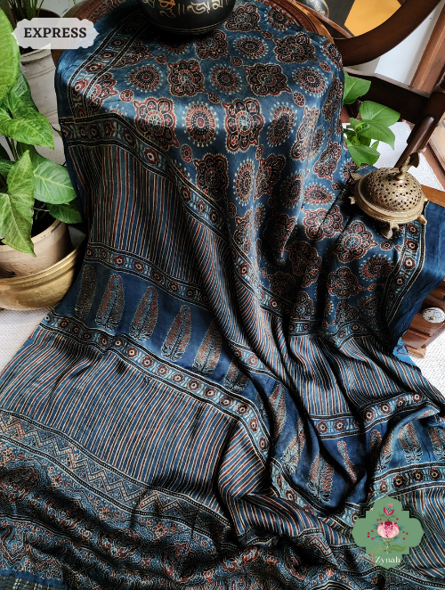 Indigo Ajrakh Modal Silk Saree With Lagdi Patta On Pallu, Crafted Using The Traditional Method Of Hand Block Printing Using 100% Natural Dyes