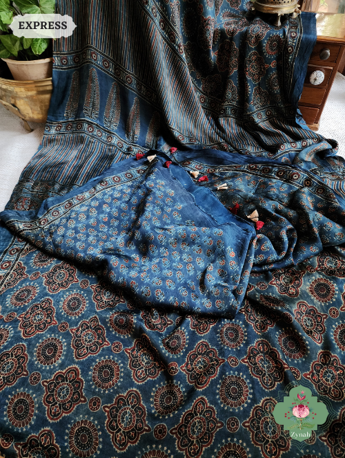Indigo Ajrakh Modal Silk Saree With Lagdi Patta On Pallu, Crafted Using The Traditional Method Of Hand Block Printing Using 100% Natural Dyes