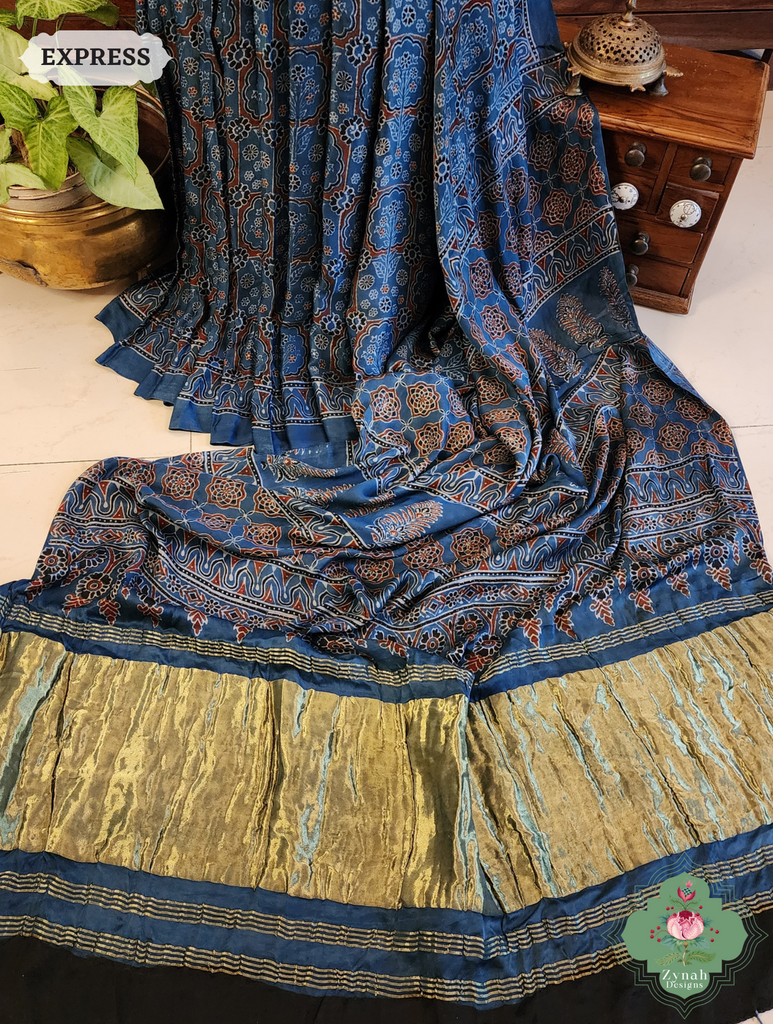 Indigo Ajrakh Modal Silk Saree Crafted Using The Traditional Method Of Hand Block Printing Using 100% Natural Dyes 3