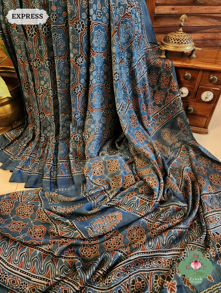 Indigo Ajrakh Modal Silk Saree Crafted Using The Traditional Method Of Hand Block Printing Using 100% Natural Dyes 4
