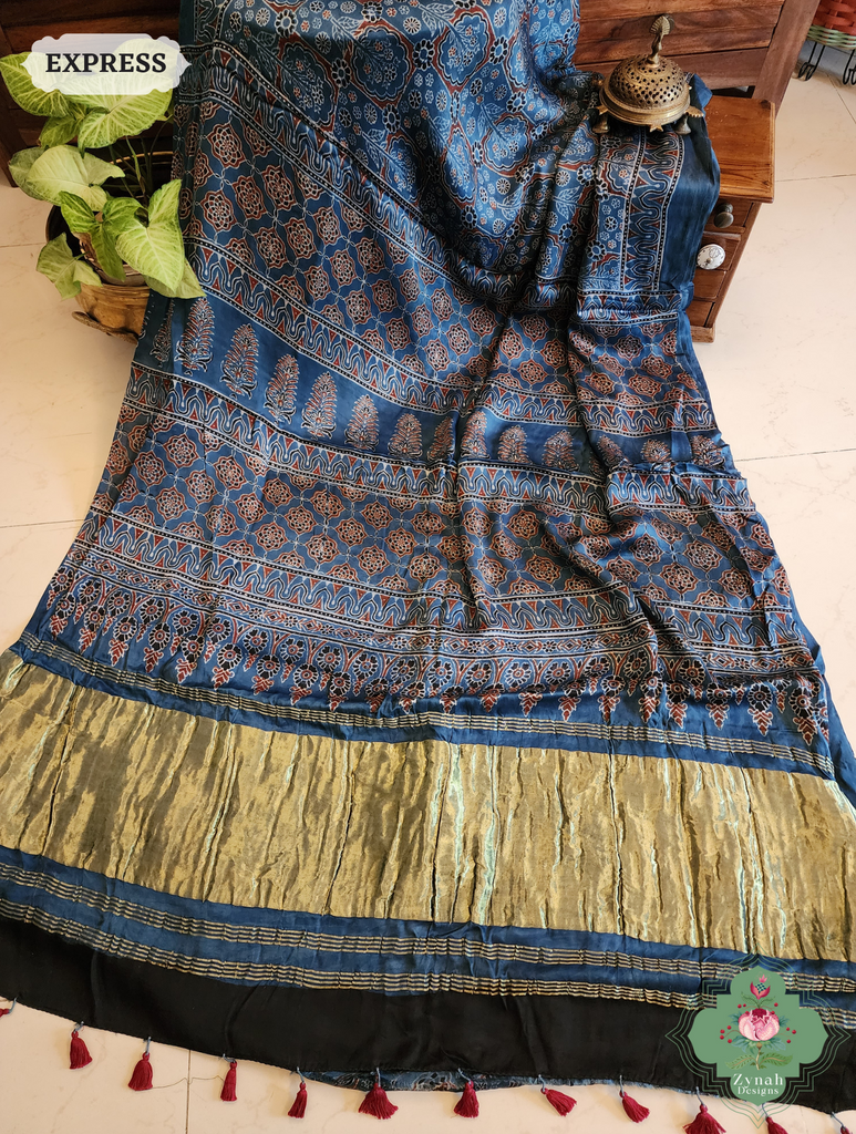 Indigo Ajrakh Modal Silk Saree Crafted Using The Traditional Method Of Hand Block Printing Using 100% Natural Dyes 5