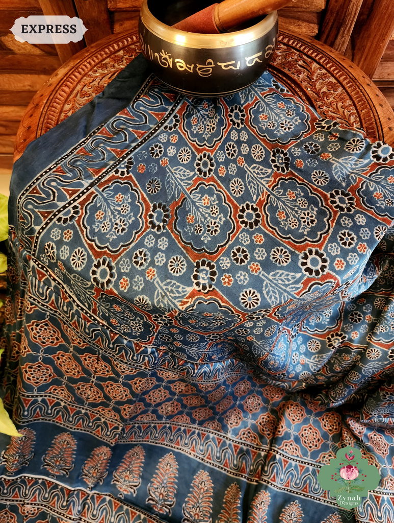 Indigo Ajrakh Modal Silk Saree Crafted Using The Traditional Method Of Hand Block Printing Using 100% Natural Dyes 6