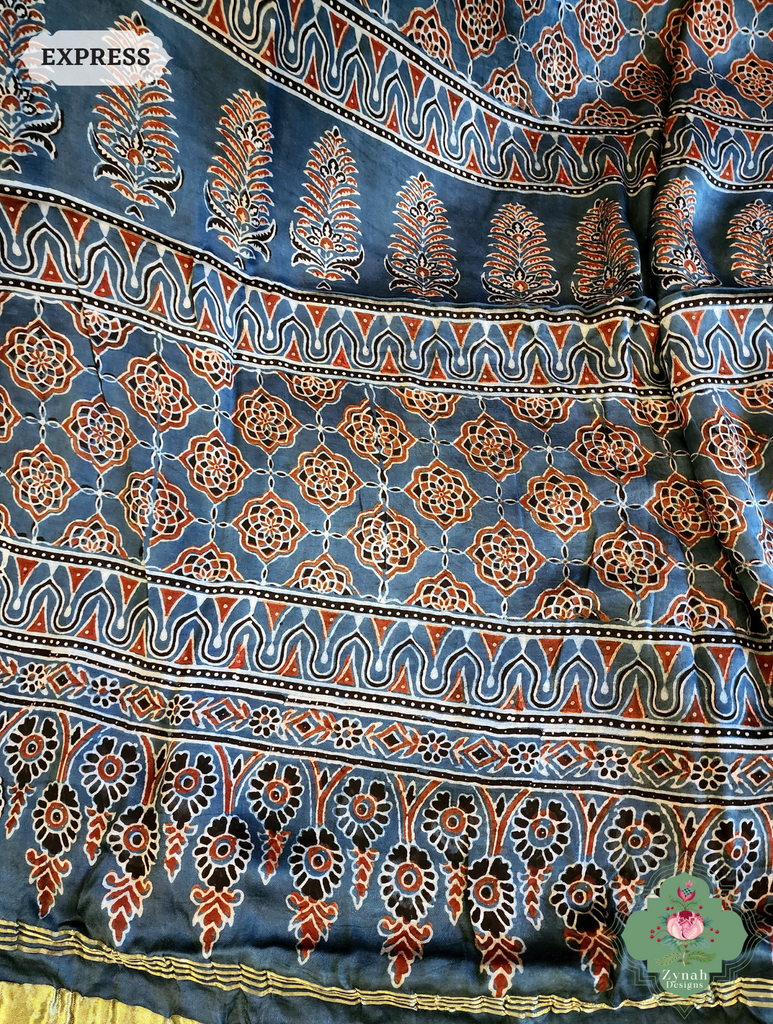 Indigo Ajrakh Modal Silk Saree Crafted Using The Traditional Method Of Hand Block Printing Using 100% Natural Dyes 7