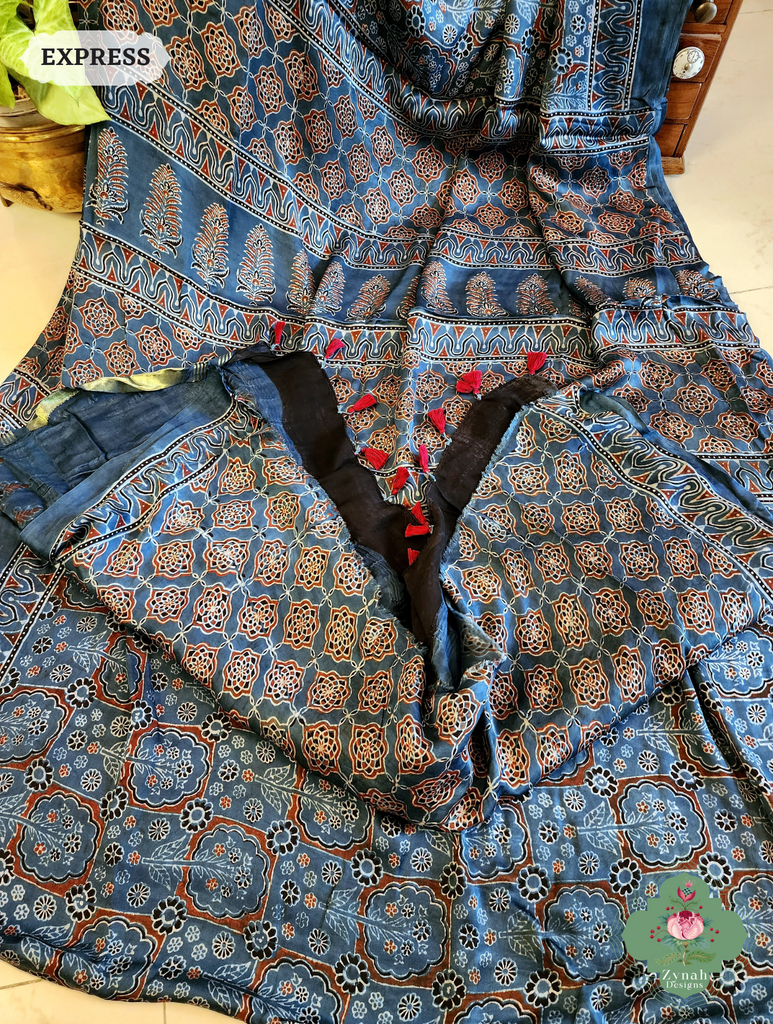 Indigo Ajrakh Modal Silk Saree Crafted Using The Traditional Method Of Hand Block Printing Using 100% Natural Dyes 8