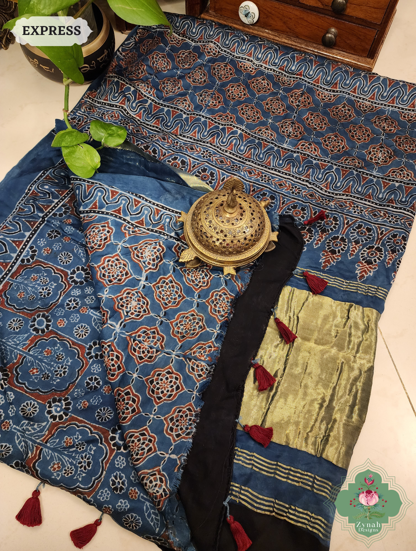 Indigo Ajrakh Modal Silk Saree Crafted Using The Traditional Method Of Hand Block Printing Using 100% Natural Dyes 9