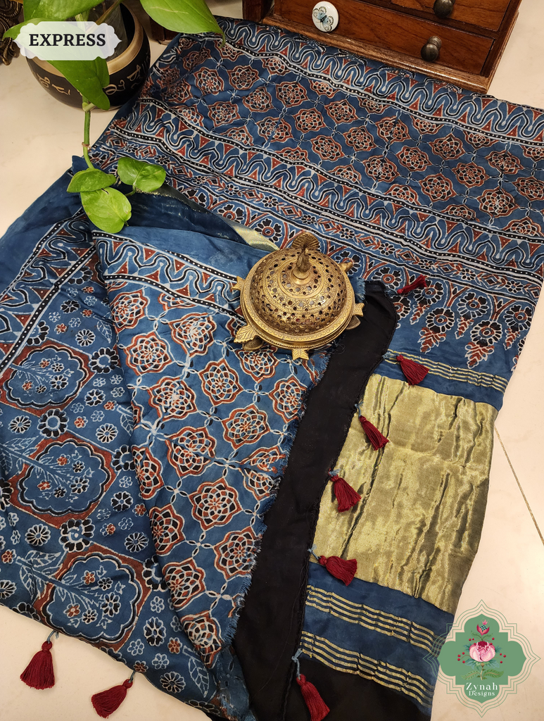 Indigo Ajrakh Modal Silk Saree Crafted Using The Traditional Method Of Hand Block Printing Using 100% Natural Dyes 9