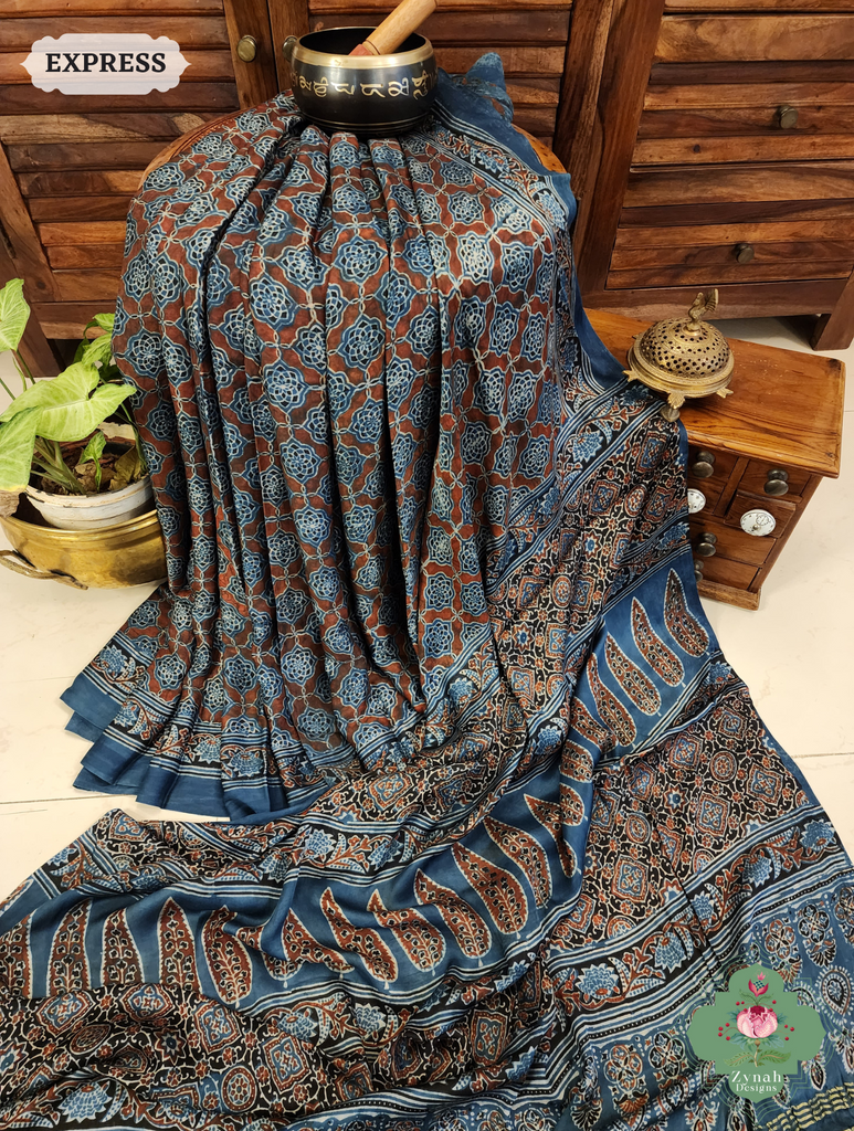 Indigo Ajrakh Modal Silk Saree Crafted Using The Traditional Method Of Hand Block Printing Using 100% Natural Dyes  3