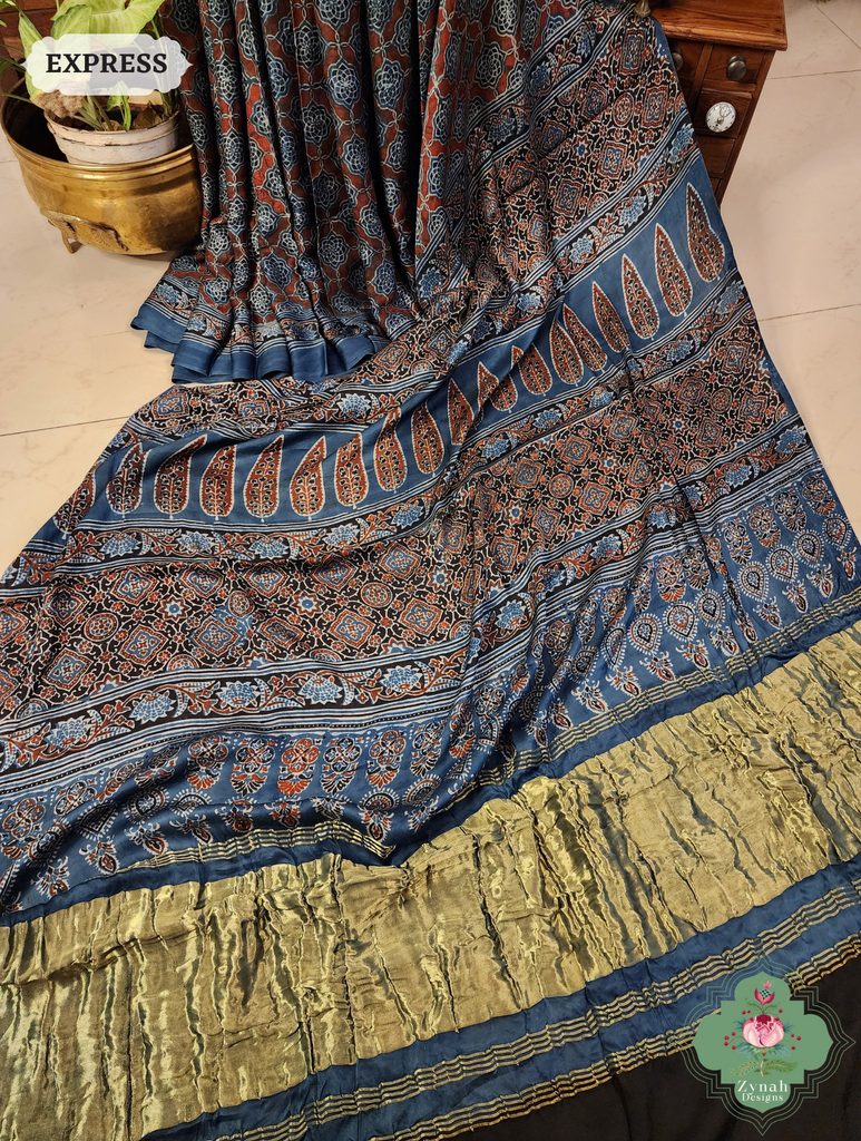 Indigo Ajrakh Modal Silk Saree Crafted Using The Traditional Method Of Hand Block Printing Using 100% Natural Dyes  4