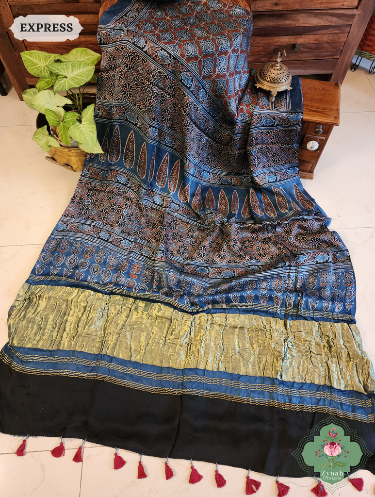 Indigo Ajrakh Modal Silk Saree Crafted Using The Traditional Method Of Hand Block Printing Using 100% Natural Dyes  6