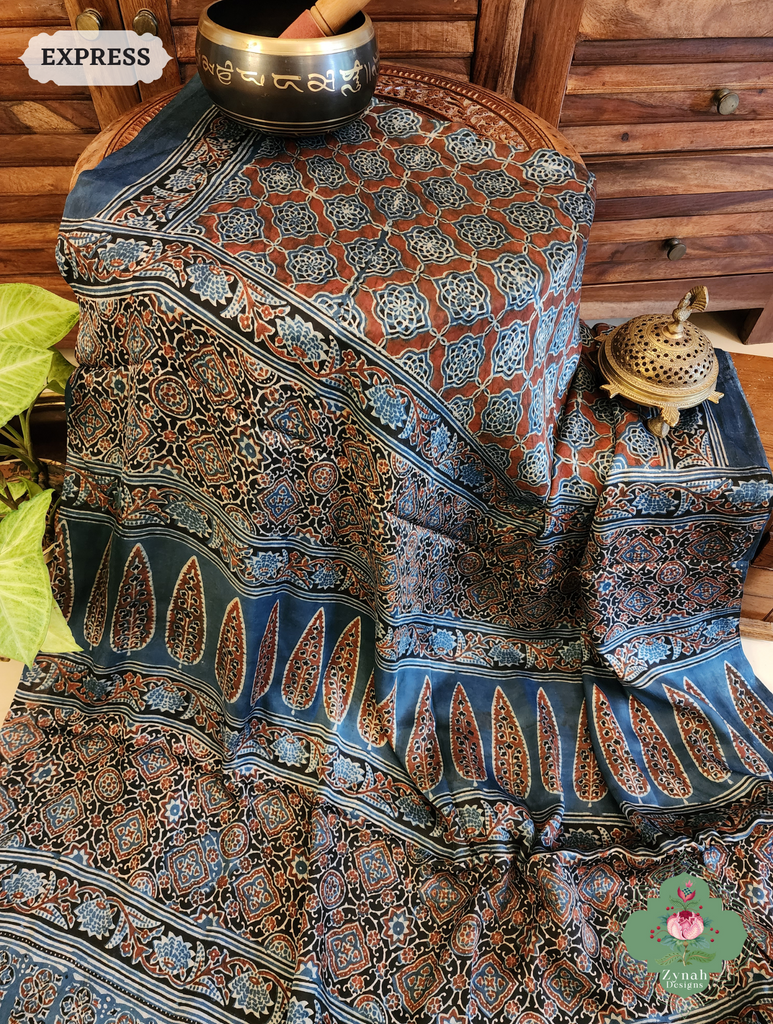 Indigo Ajrakh Modal Silk Saree Crafted Using The Traditional Method Of Hand Block Printing Using 100% Natural Dyes  5