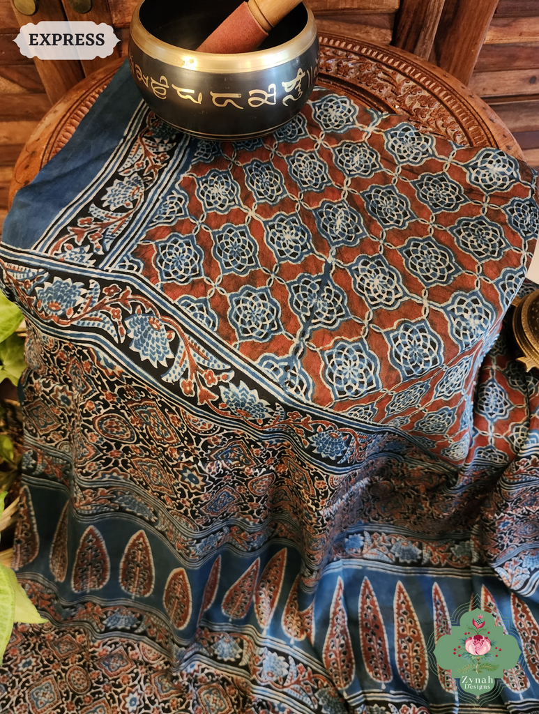 Indigo Ajrakh Modal Silk Saree Crafted Using The Traditional Method Of Hand Block Printing Using 100% Natural Dyes  7