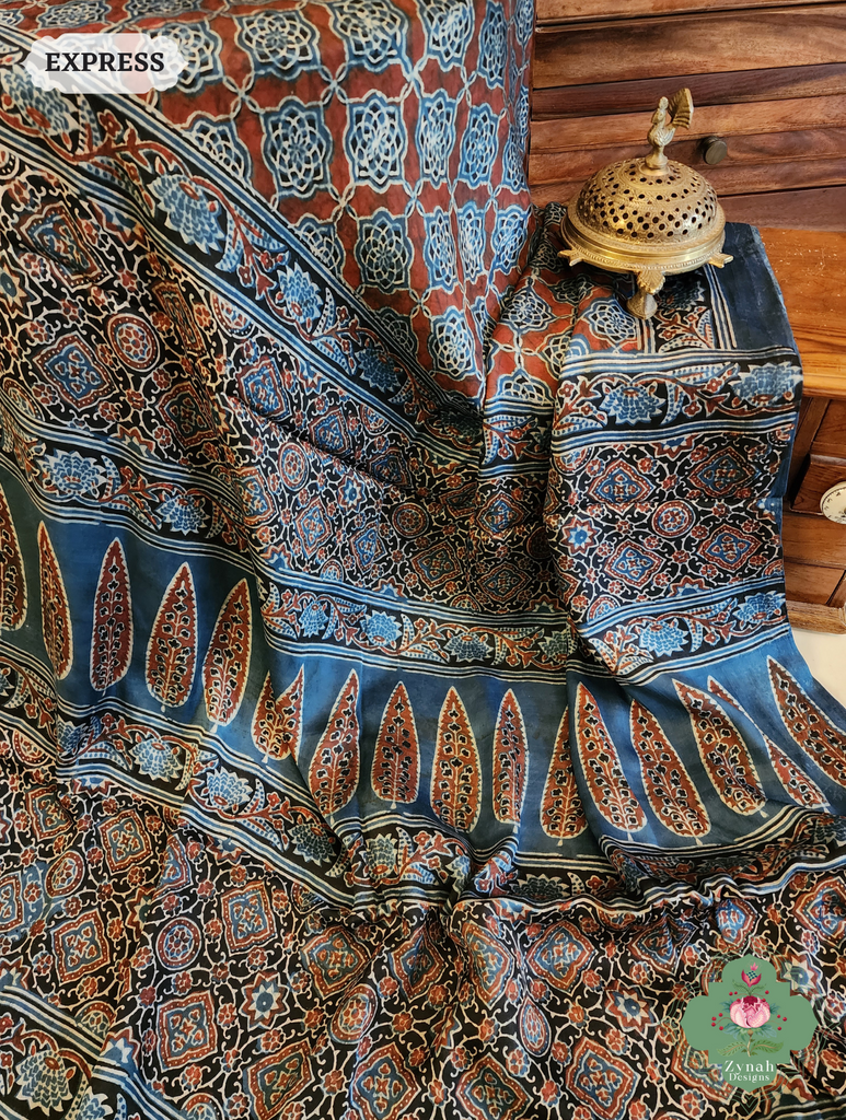 Indigo Ajrakh Modal Silk Saree Crafted Using The Traditional Method Of Hand Block Printing Using 100% Natural Dyes  8