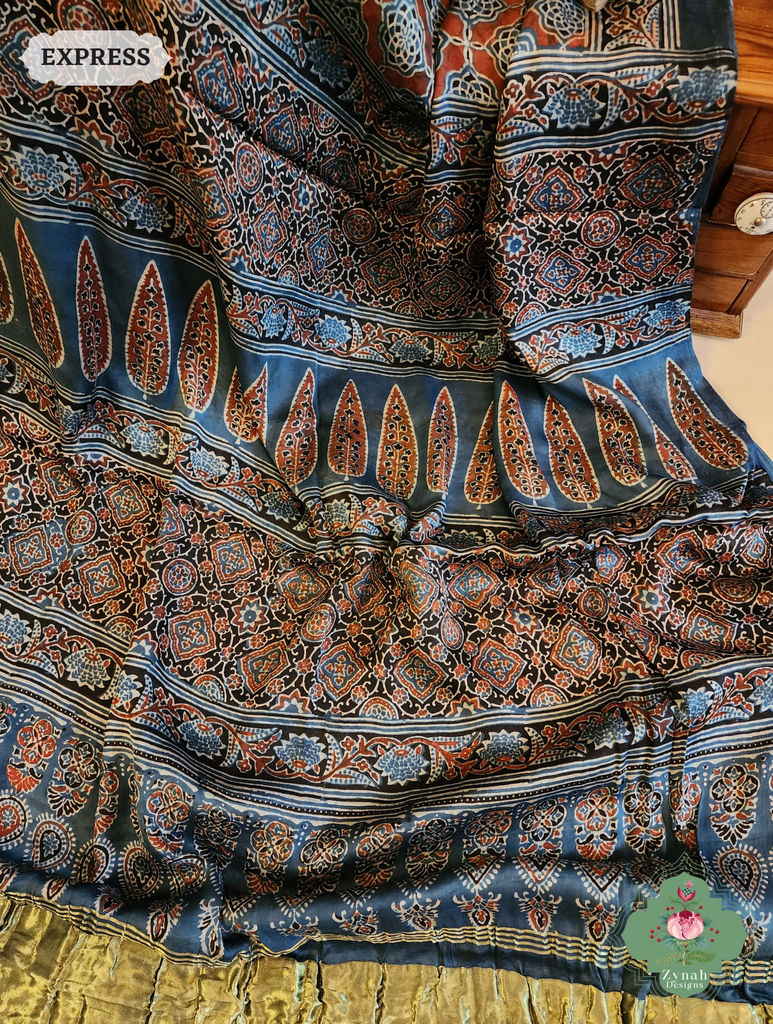Indigo Ajrakh Modal Silk Saree Crafted Using The Traditional Method Of Hand Block Printing Using 100% Natural Dyes  9