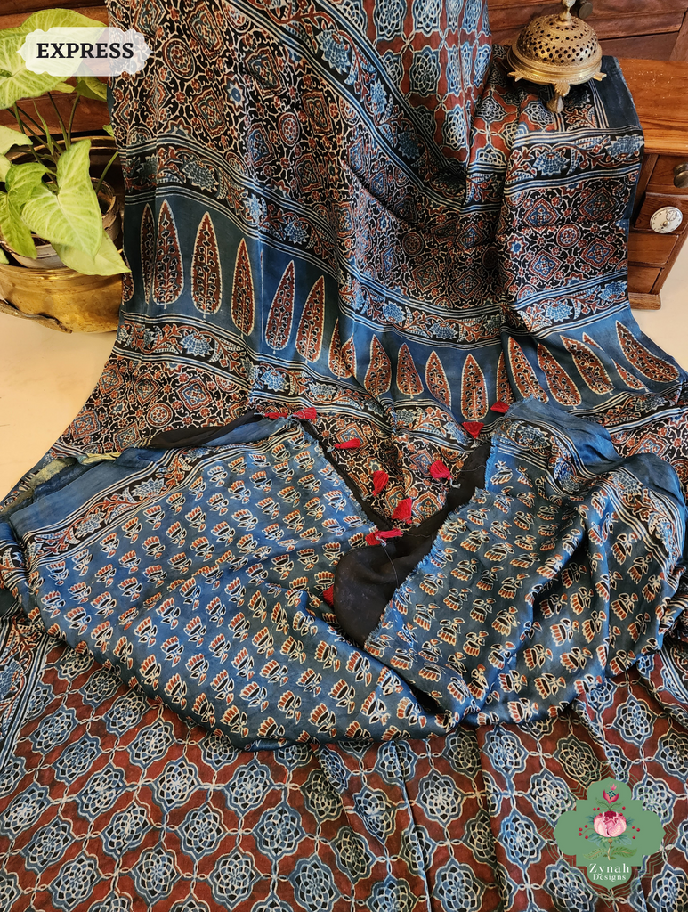 Indigo Ajrakh Modal Silk Saree Crafted Using The Traditional Method Of Hand Block Printing Using 100% Natural Dyes  10