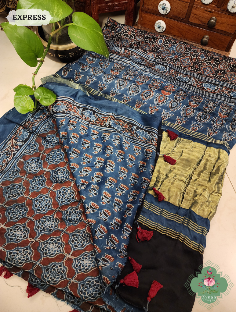 Indigo Ajrakh Modal Silk Saree Crafted Using The Traditional Method Of Hand Block Printing Using 100% Natural Dyes  11