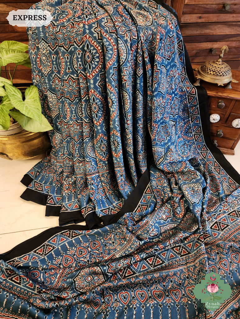 Indigo Ajrakh Modal Silk Saree Crafted Using The Traditional Method Of Hand Block Printing Using 100% Natural Dyes 3