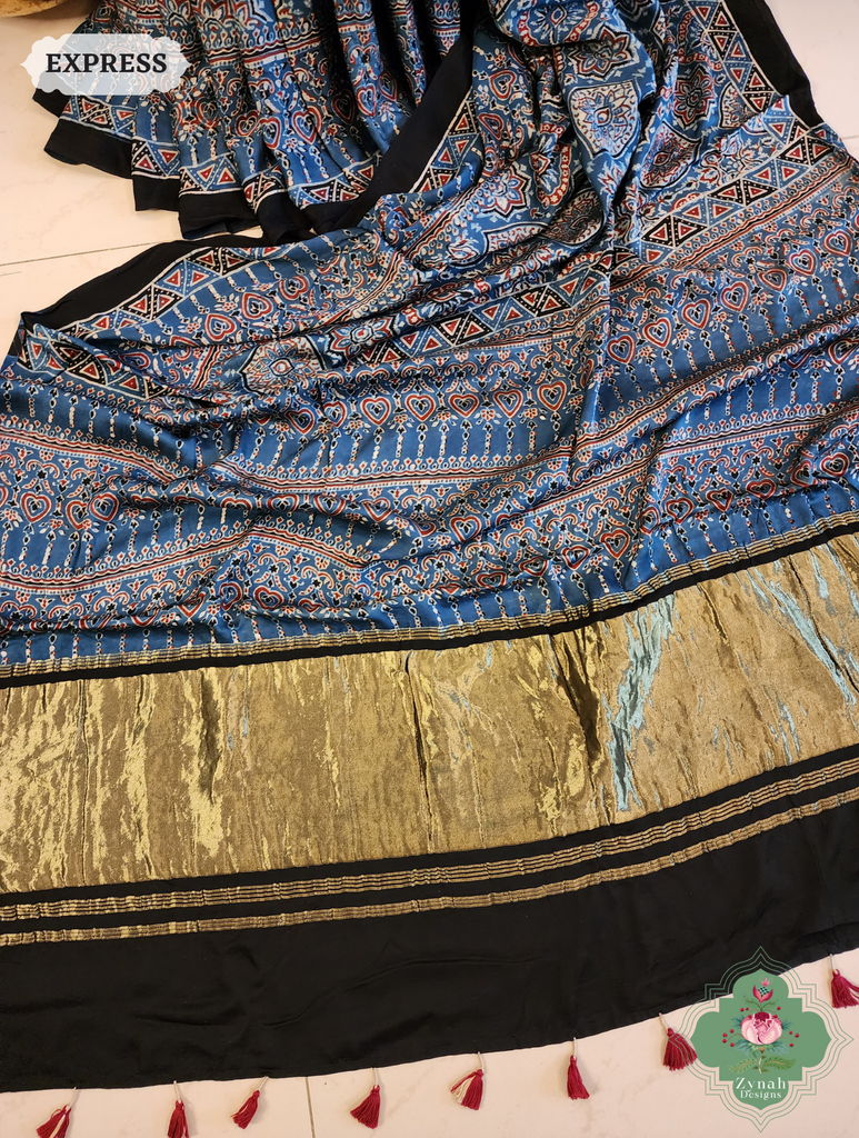 Indigo Ajrakh Modal Silk Saree Crafted Using The Traditional Method Of Hand Block Printing Using 100% Natural Dyes 5