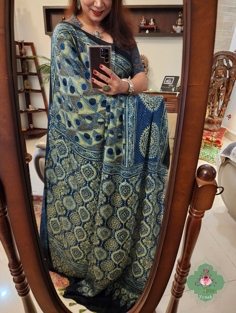 Indigo Ajrakh Modal Silk Saree With Skirt Border 4