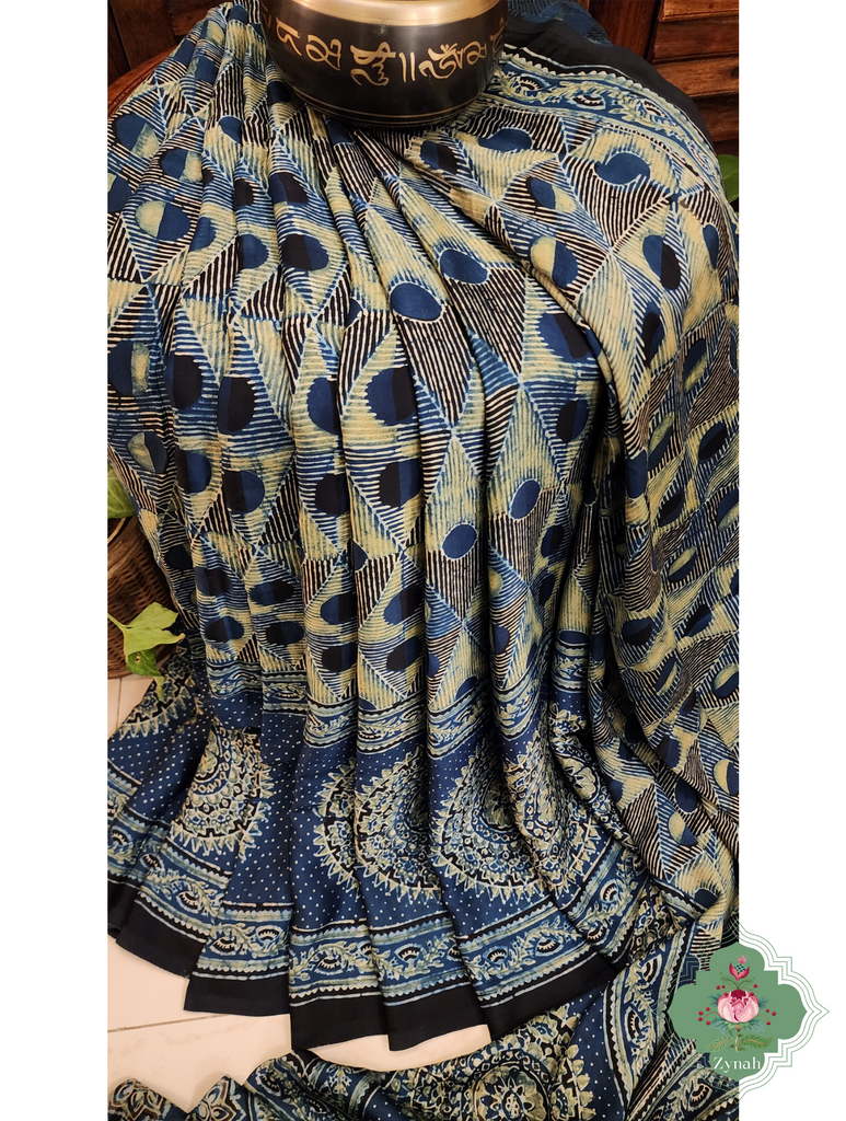 Indigo Ajrakh Modal Silk Saree With Skirt Border 7