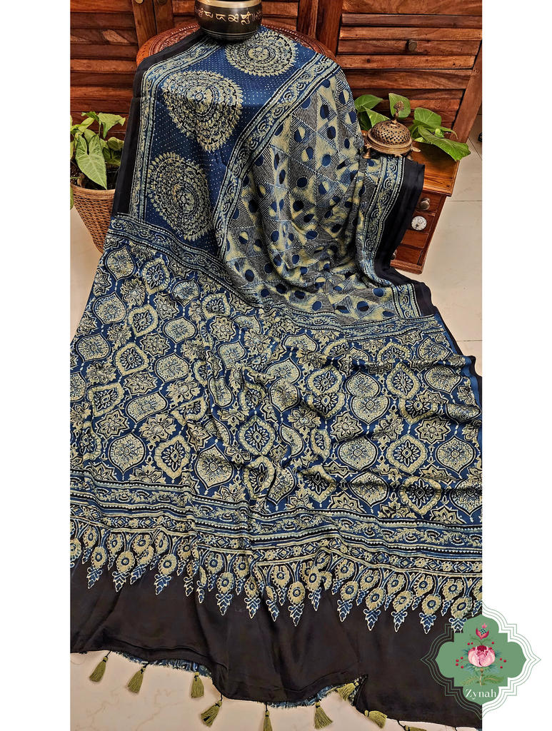 Indigo Ajrakh Modal Silk Saree With Skirt Border 8