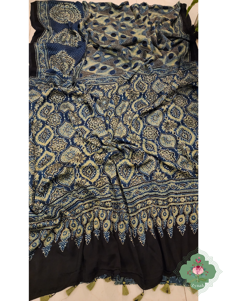 Indigo Ajrakh Modal Silk Saree With Skirt Border 9