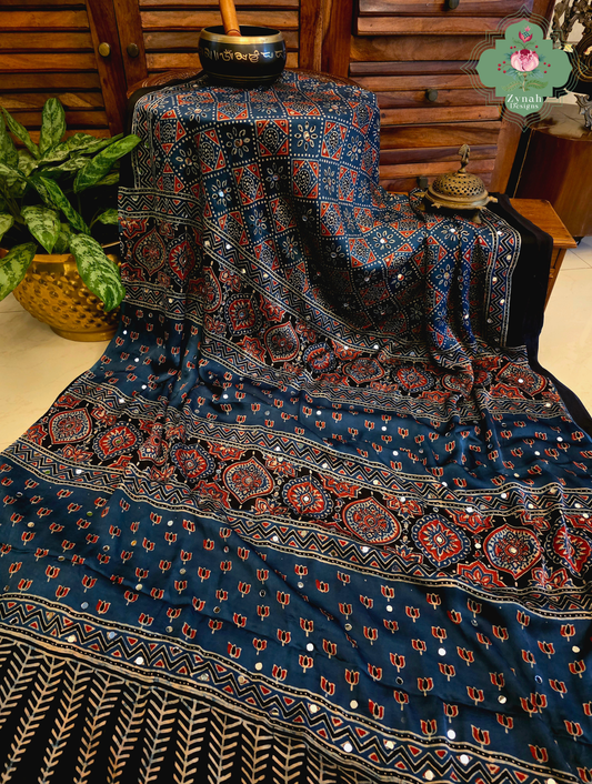 Dilkash Indigo Modal Silk Ajrakh Saree With Mirror Work