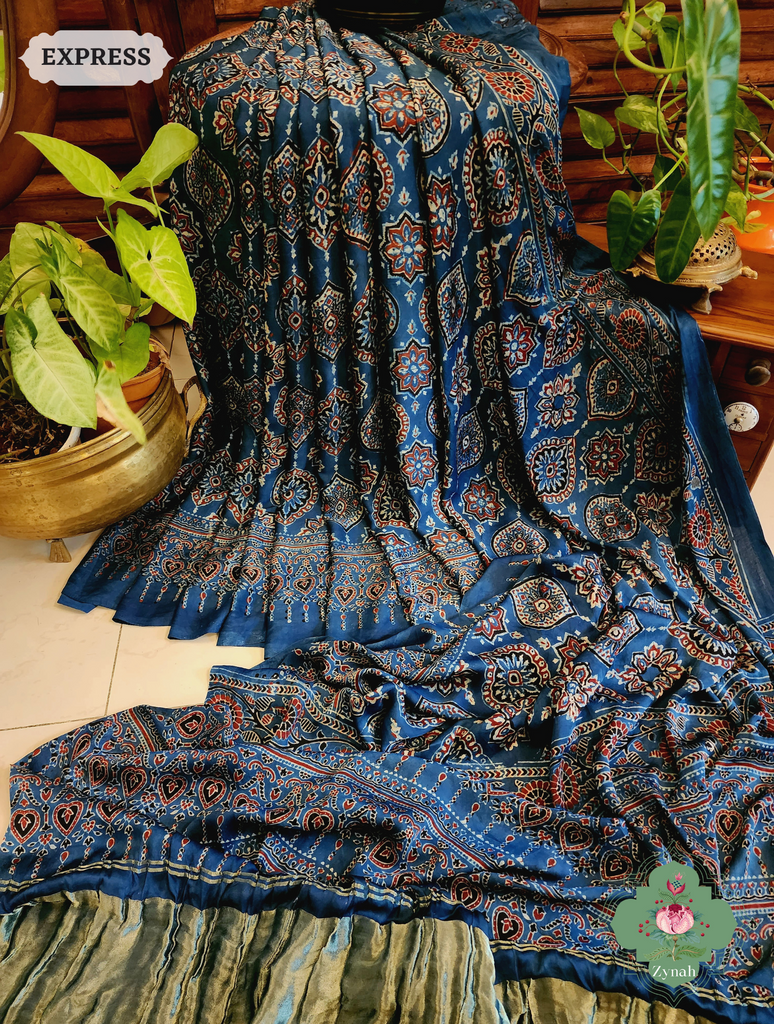 Zynah Indigo Modal Silk Ajrakh Saree With Zari Lagdi  Patta on Pallu; Custom Stitched/Ready-made Blouse, Fall, Petticoat; SKU: 08092023023