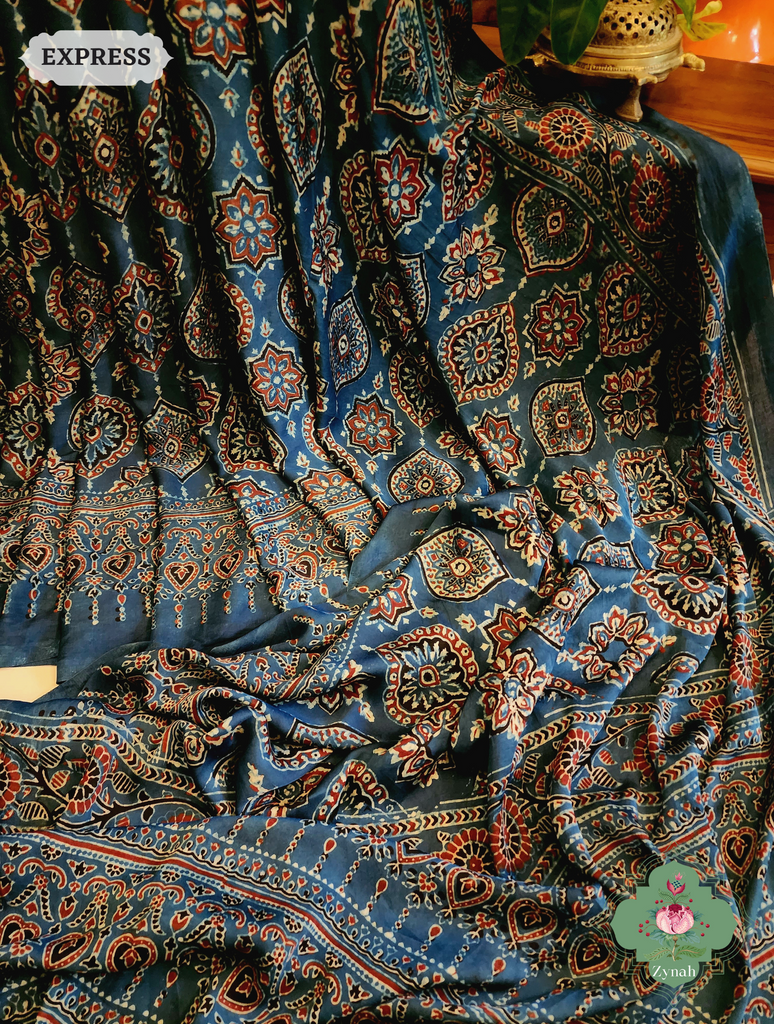 Zynah Indigo Modal Silk Ajrakh Saree With Zari Lagdi  Patta on Pallu; Custom Stitched/Ready-made Blouse, Fall, Petticoat; SKU: 08092023023