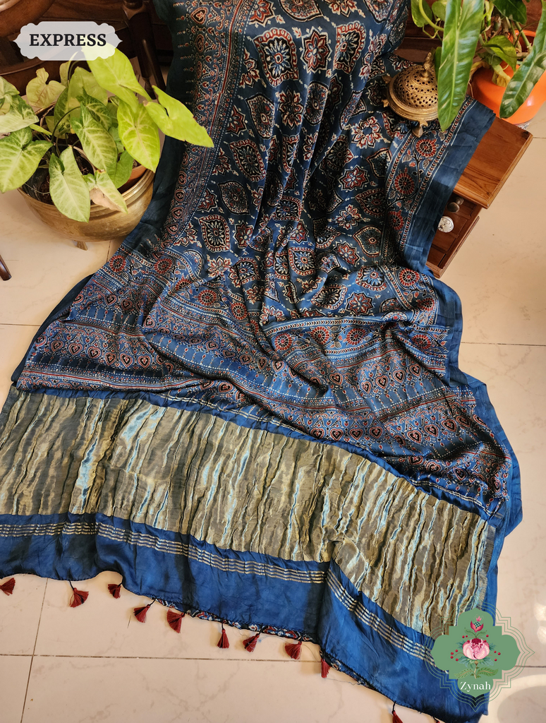 Zynah Indigo Modal Silk Ajrakh Saree With Zari Lagdi  Patta on Pallu; Custom Stitched/Ready-made Blouse, Fall, Petticoat; SKU: 08092023023