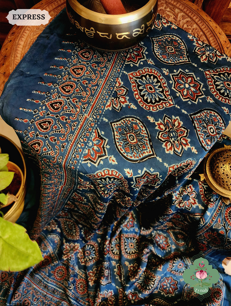 Zynah Indigo Modal Silk Ajrakh Saree With Zari Lagdi  Patta on Pallu; Custom Stitched/Ready-made Blouse, Fall, Petticoat; SKU: 08092023023