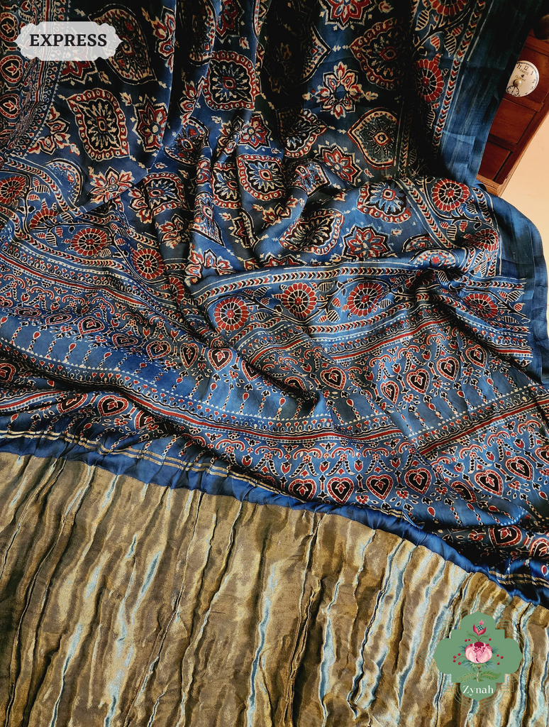 Zynah Indigo Modal Silk Ajrakh Saree With Zari Lagdi  Patta on Pallu; Custom Stitched/Ready-made Blouse, Fall, Petticoat; SKU: 08092023023