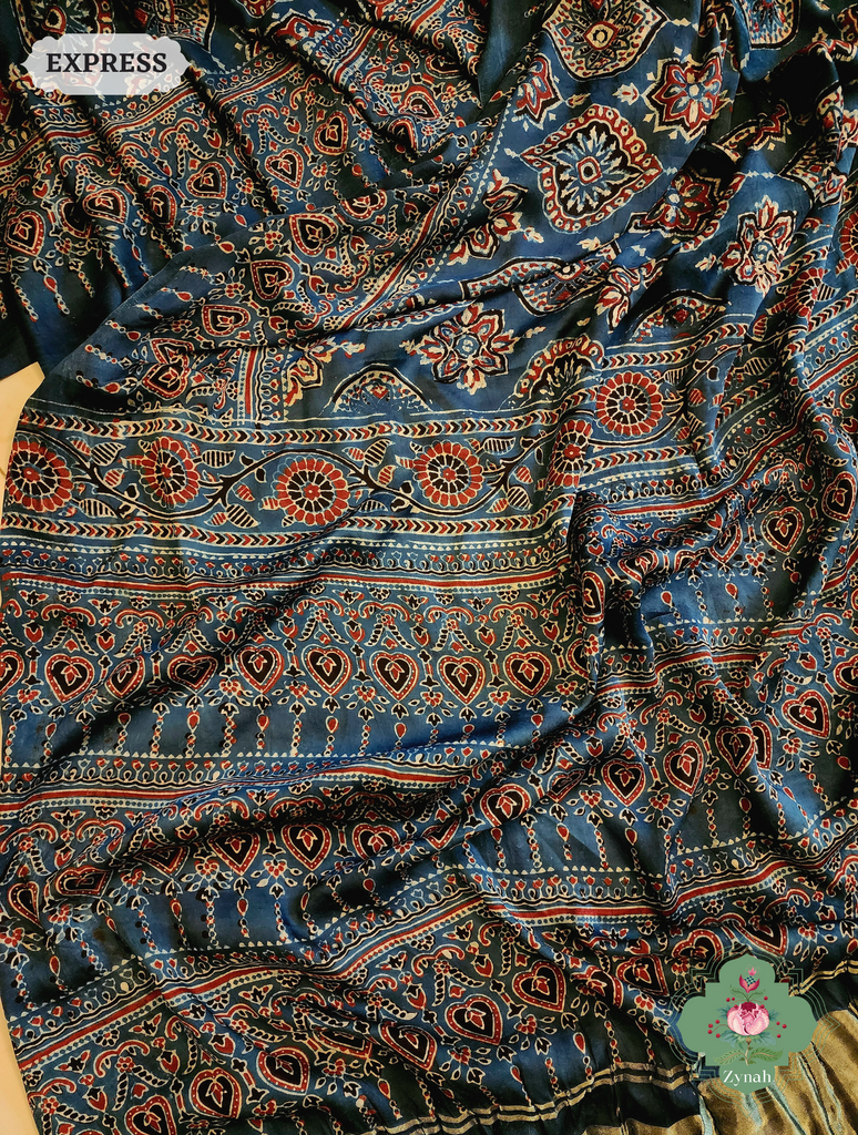 Zynah Indigo Modal Silk Ajrakh Saree With Zari Lagdi  Patta on Pallu; Custom Stitched/Ready-made Blouse, Fall, Petticoat; SKU: 08092023023