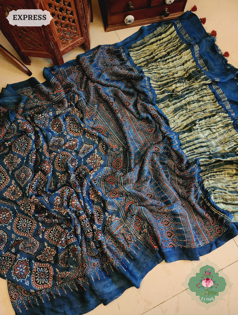 Zynah Indigo Modal Silk Ajrakh Saree With Zari Lagdi  Patta on Pallu; Custom Stitched/Ready-made Blouse, Fall, Petticoat; SKU: 08092023023