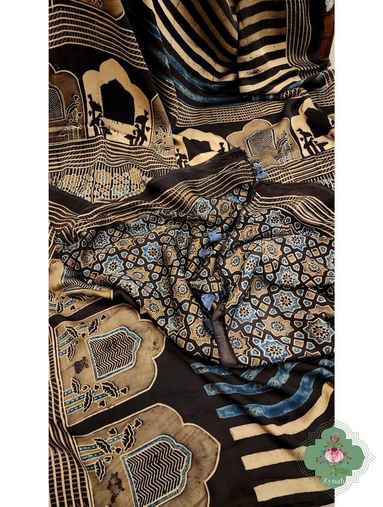 Indigo & Beige Ajrakh Modal Silk Saree With Jharonka Motif Pallu 9