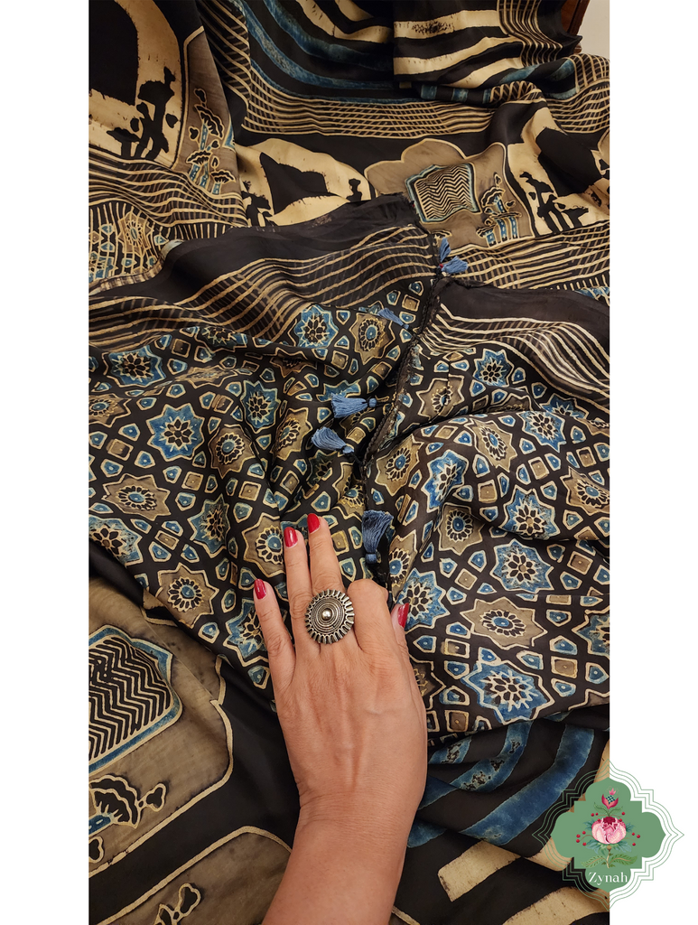 Indigo & Beige Ajrakh Modal Silk Saree With Jharonka Motif Pallu 10