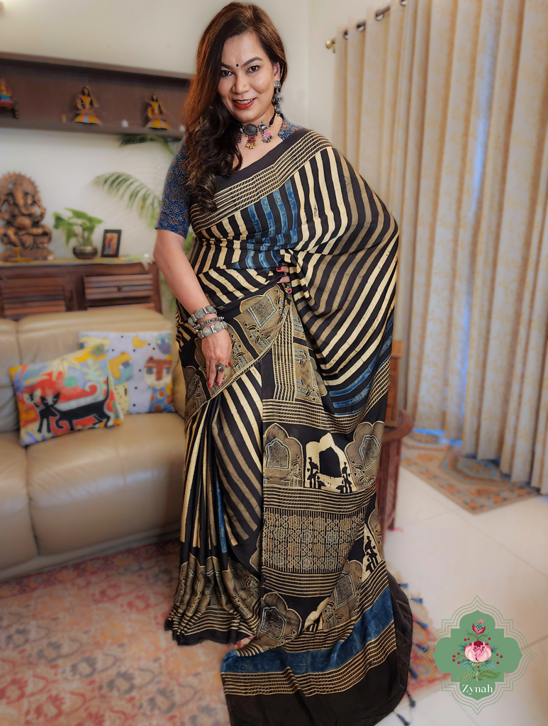 Indigo & Beige Ajrakh Modal Silk Saree With Jharonka Motif Pallu 1