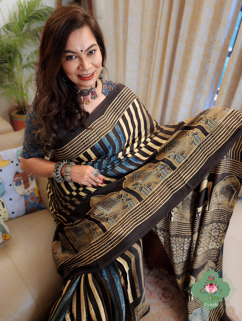 Indigo & Beige Ajrakh Modal Silk Saree With Jharonka Motif Pallu 4
